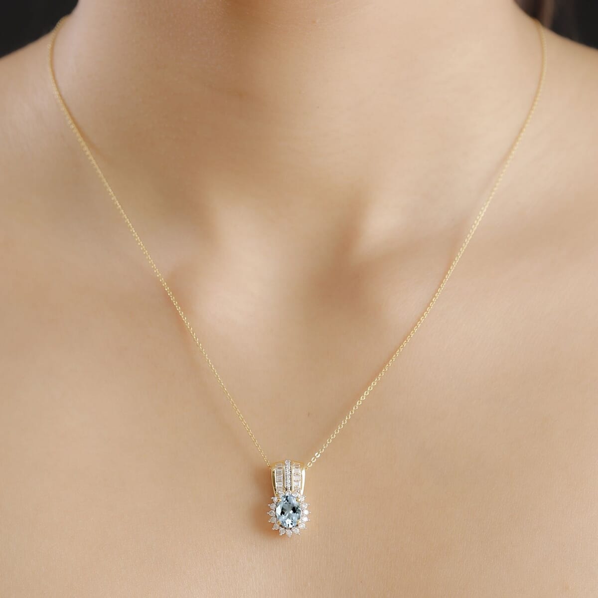 Santa Maria Aquamarine and Moissanite 1.75 ctw Sunburst Pendant Necklace in 18K Vermeil Yellow Gold Over Sterling Silver 20 Inches image number 2