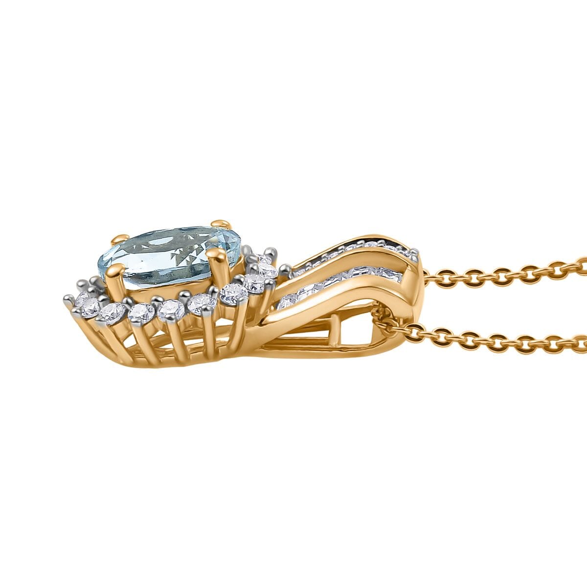 Santa Maria Aquamarine and Moissanite 1.75 ctw Sunburst Pendant Necklace in 18K Vermeil Yellow Gold Over Sterling Silver 20 Inches image number 3