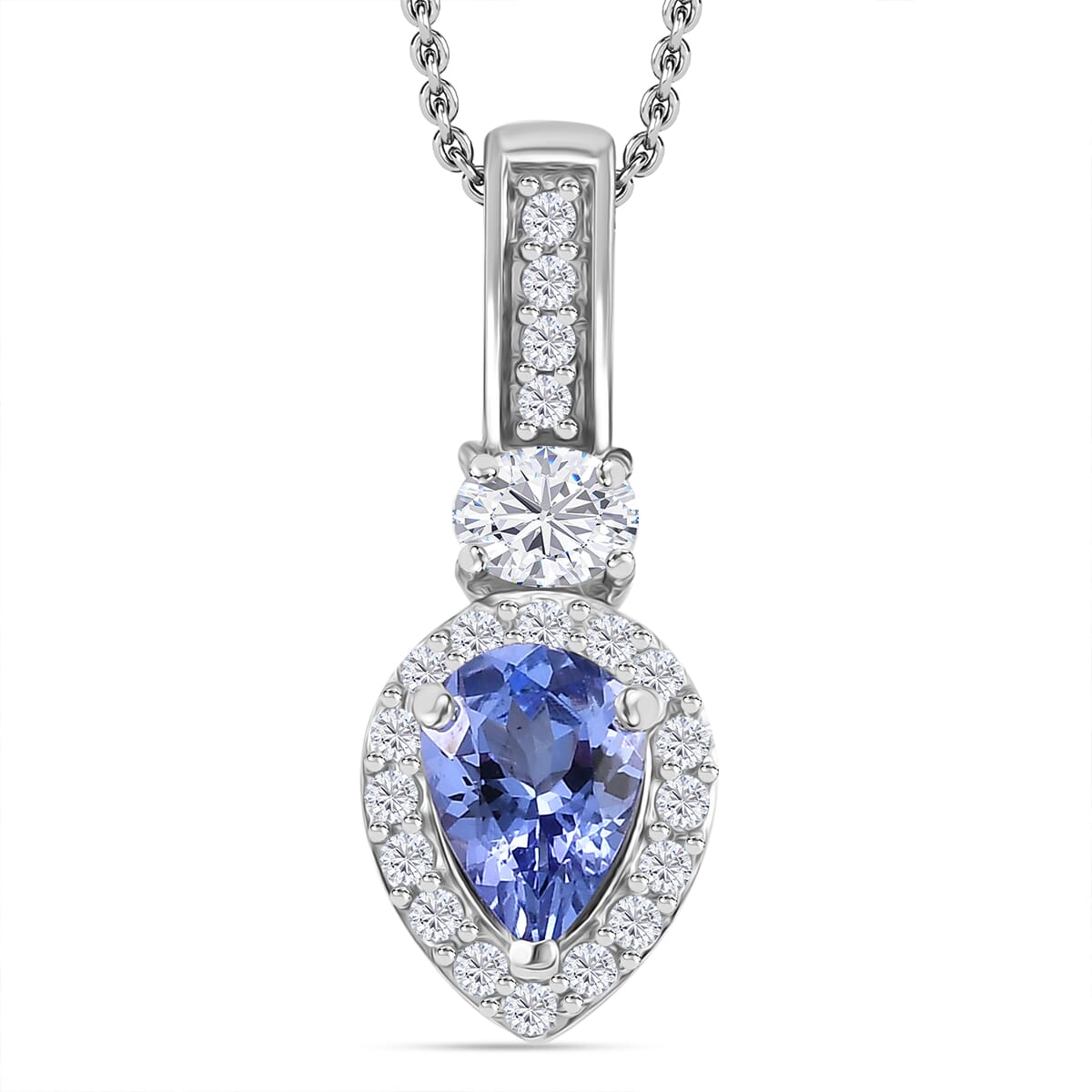 Tanzanite and White Zircon 1.10 ctw Pendant Necklace in Rhodium Over Sterling Silver 20 Inches image number 0