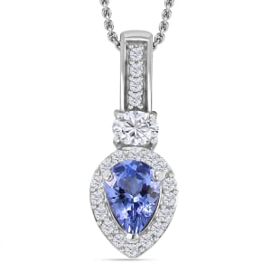 Tanzanite and White Zircon 1.10 ctw Pendant Necklace in Rhodium Over Sterling Silver 20 Inches
