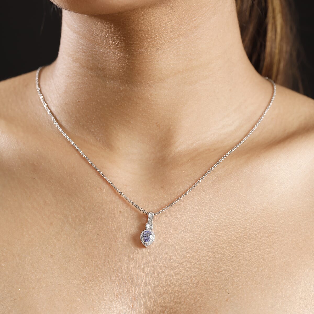 Tanzanite and White Zircon 1.10 ctw Pendant Necklace in Rhodium Over Sterling Silver 20 Inches image number 2