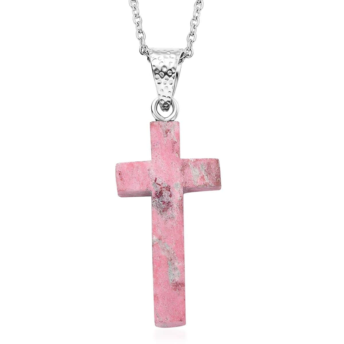 Norwegian Thulite Cross 12.25 ctw Pendant in Rhodium Over Sterling Silver with Stainless Steel Necklace 20 Inches image number 0