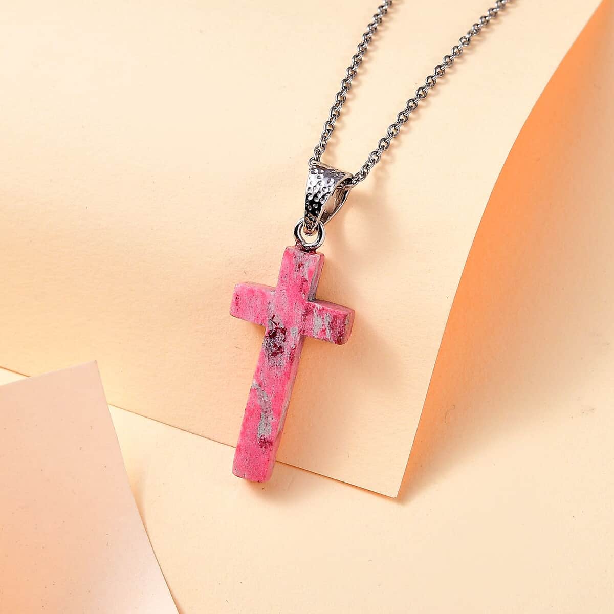 Norwegian Thulite Cross 12.25 ctw Pendant in Rhodium Over Sterling Silver with Stainless Steel Necklace 20 Inches image number 1