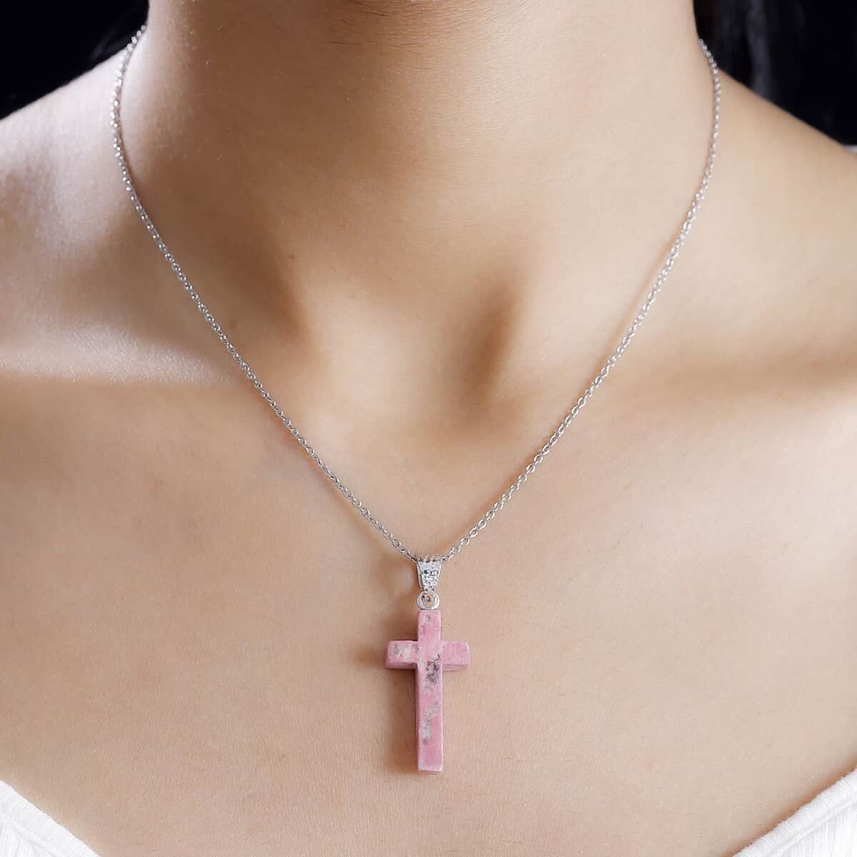 Norwegian Thulite Cross 12.25 ctw Pendant in Rhodium Over Sterling Silver with Stainless Steel Necklace 20 Inches image number 2