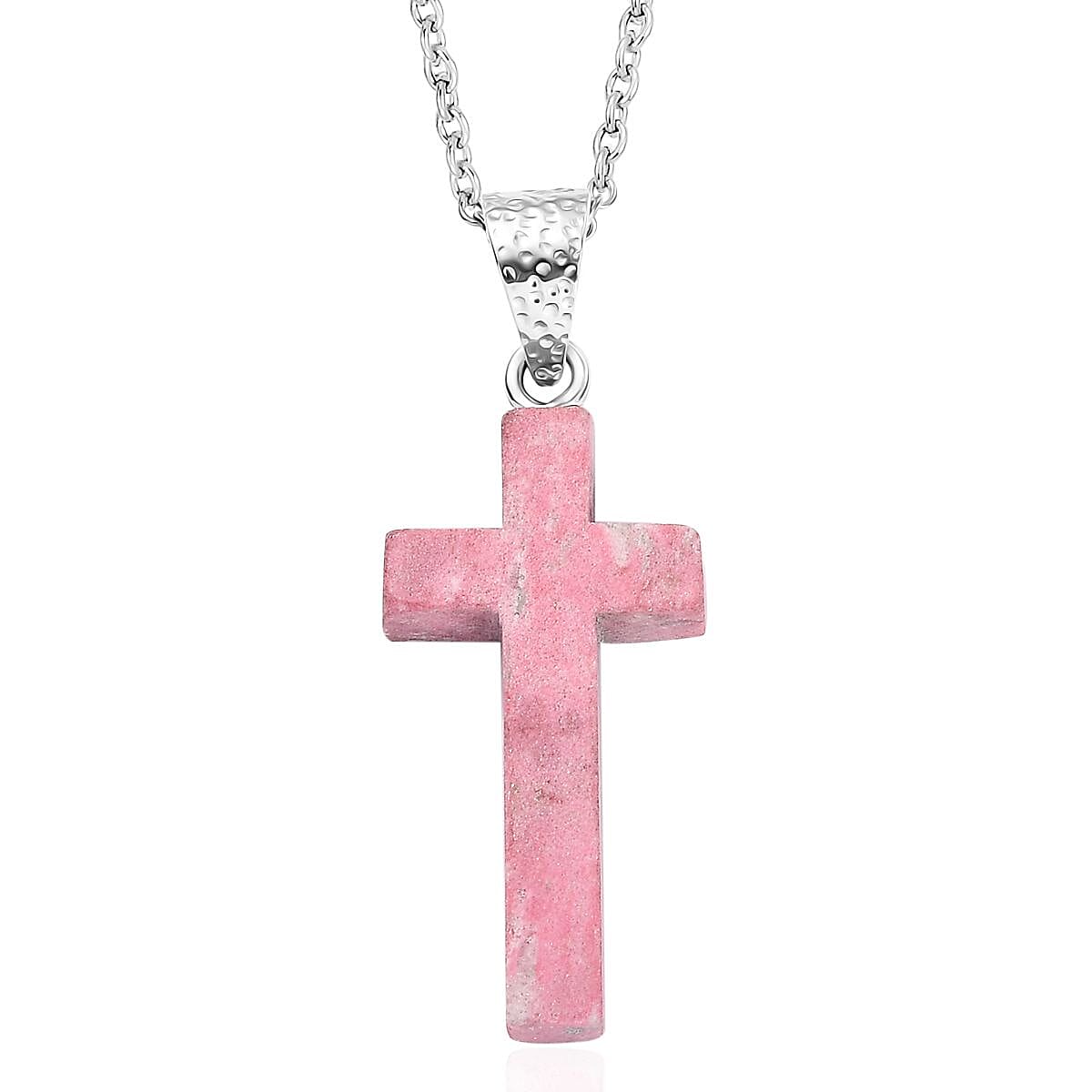 Norwegian Thulite Cross 12.25 ctw Pendant in Rhodium Over Sterling Silver with Stainless Steel Necklace 20 Inches