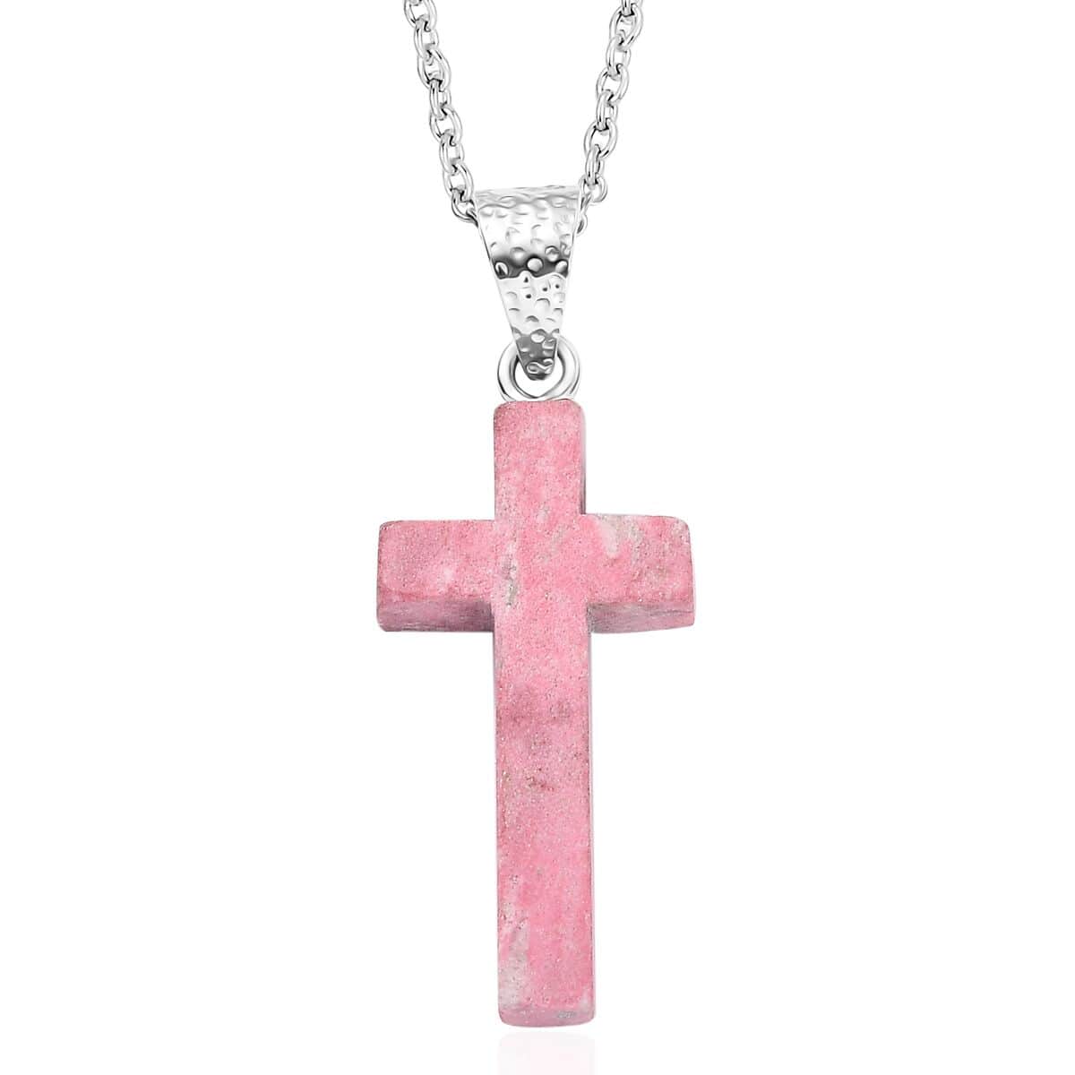 Norwegian Thulite Cross 12.25 ctw Pendant in Rhodium Over Sterling Silver with Stainless Steel Necklace 20 Inches image number 4