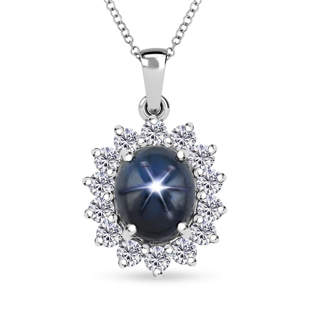 Blue Star Sapphire (DF) and Moissanite 9.50 ctw Starburst Pendant Necklace in Platinum Over Sterling Silver 20 Inches image number 0