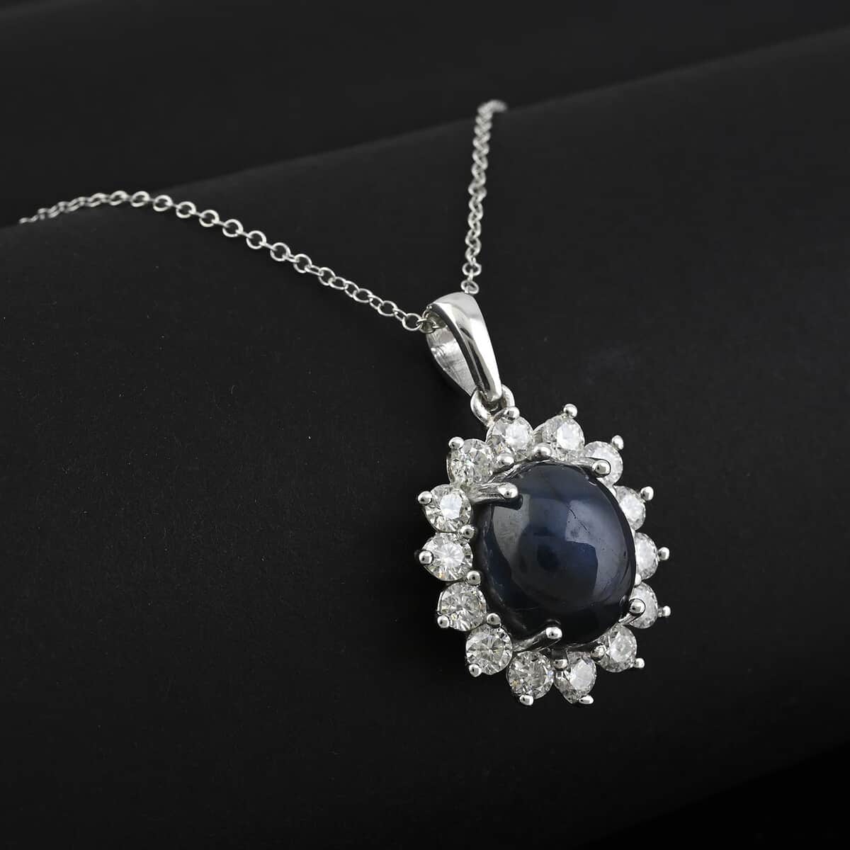 Blue Star Sapphire (DF) and Moissanite 9.50 ctw Starburst Pendant Necklace in Platinum Over Sterling Silver 20 Inches image number 1