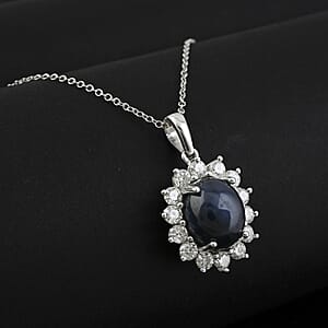 Blue Star Sapphire (DF) and Moissanite 9.50 ctw Starburst Pendant Necklace in Platinum Over Sterling Silver 20 Inches