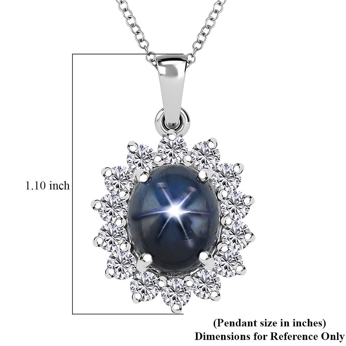 Blue Star Sapphire (DF) and Moissanite 9.50 ctw Starburst Pendant Necklace in Platinum Over Sterling Silver 20 Inches