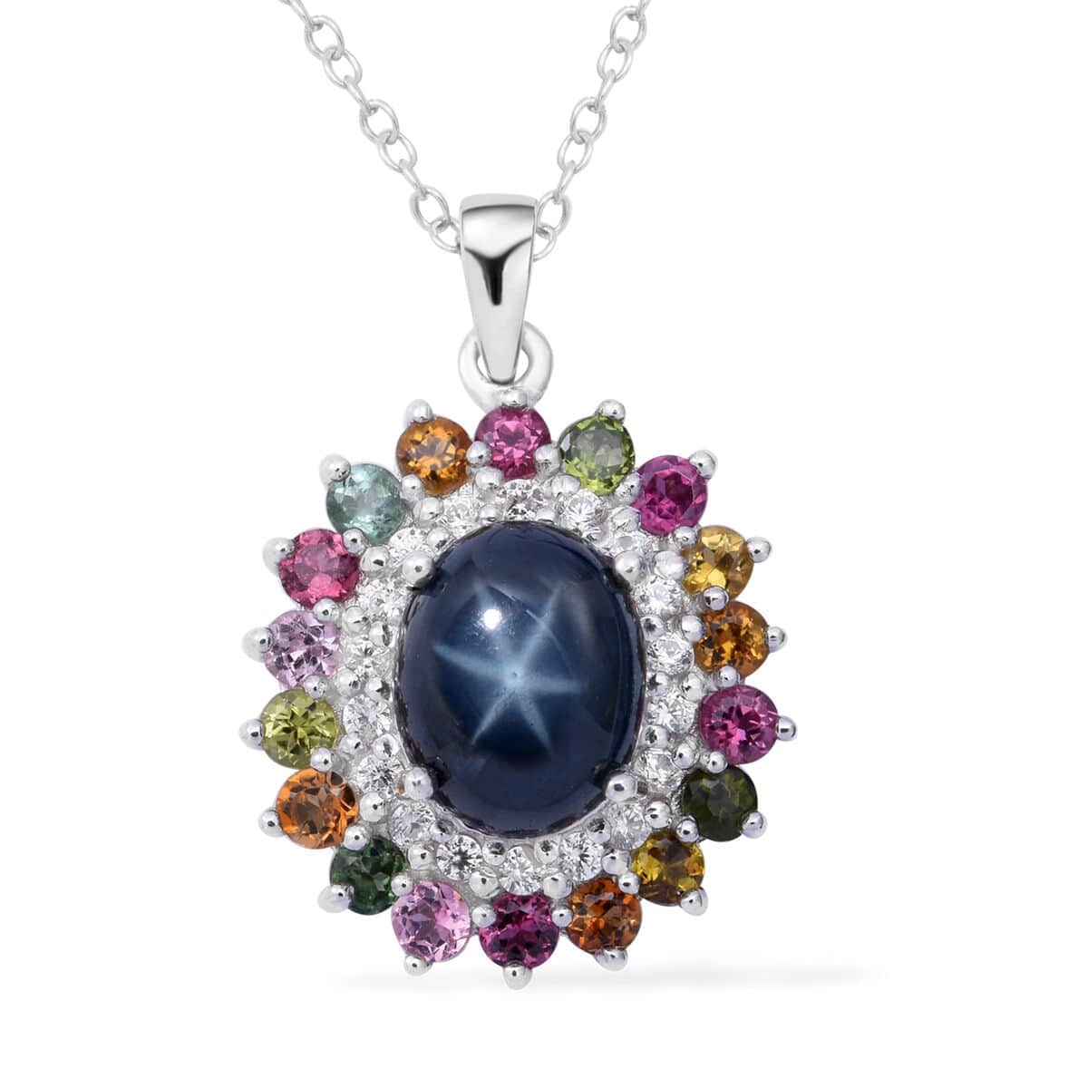 Blue Star Sapphire (DF) and Multi Gemstone Cocktail Pendant Necklace 18 Inches in Platinum Over Sterling Silver 6.20 ctw image number 0