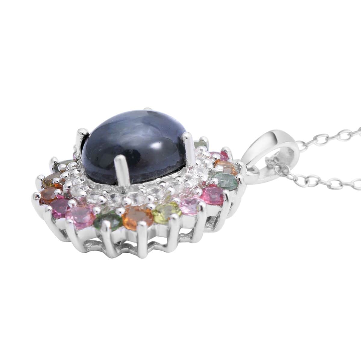 Blue Star Sapphire (DF) and Multi Gemstone Cocktail Pendant Necklace 18 Inches in Platinum Over Sterling Silver 6.20 ctw image number 2