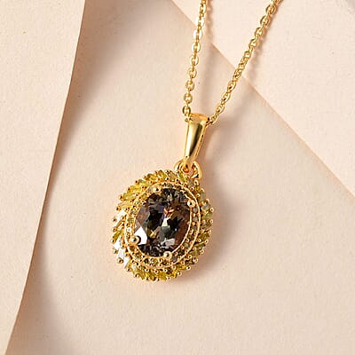 Premium Golden Tanzanite and Yellow Diamond Double Halo Pendant Necklace 18 Inches in Vermeil Yellow Gold Over Sterling Silver 1.50 ctw