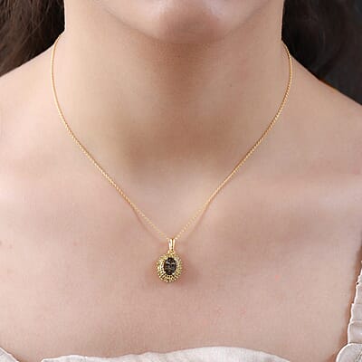 Premium Golden Tanzanite and Yellow Diamond Double Halo Pendant Necklace 18 Inches in Vermeil Yellow Gold Over Sterling Silver 1.50 ctw