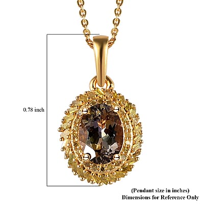 Premium Golden Tanzanite and Yellow Diamond Double Halo Pendant Necklace 18 Inches in Vermeil Yellow Gold Over Sterling Silver 1.50 ctw