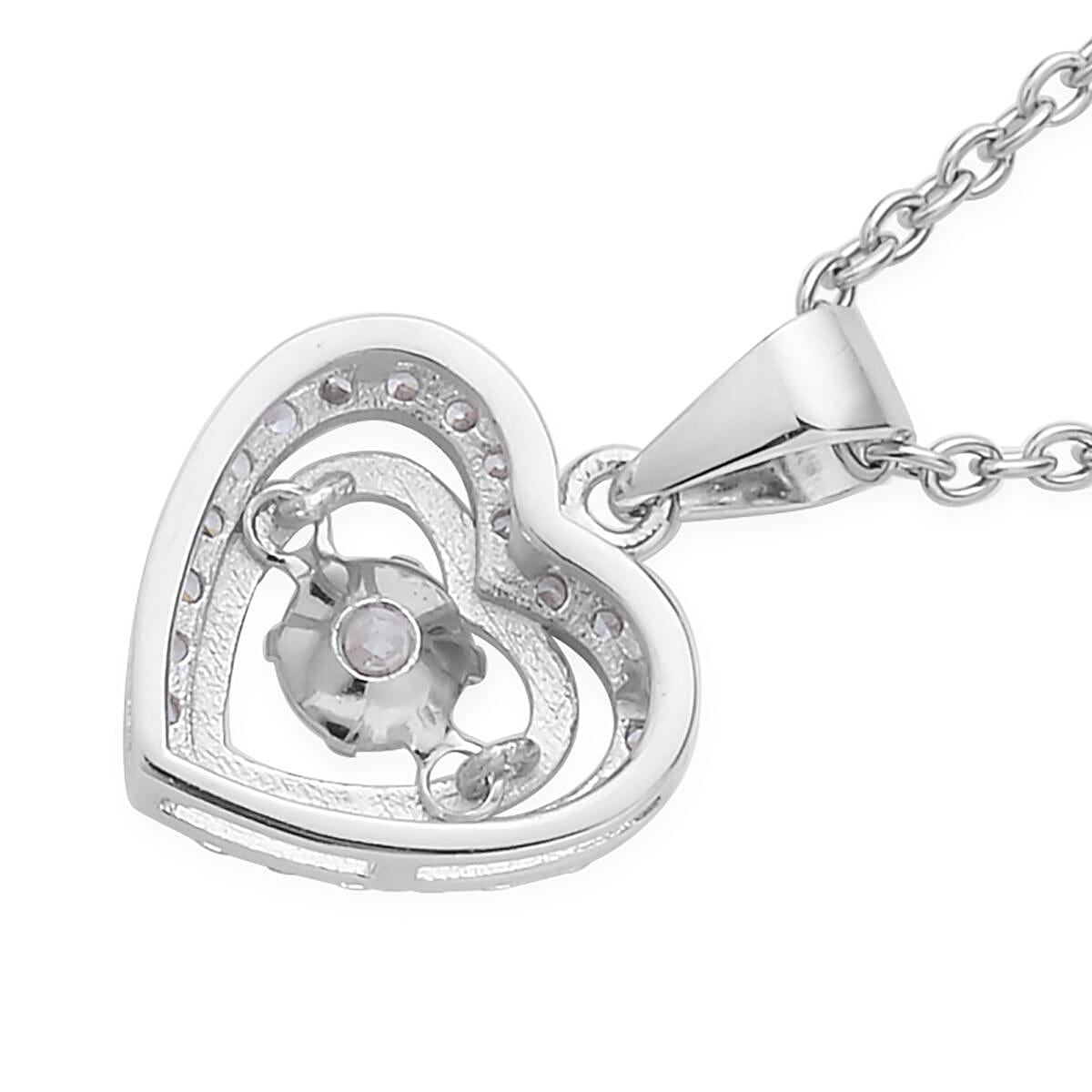 Simulated Diamond Dancing Stone Heart Pendant in Rhodium Over Sterling Silver with Stainless Steel Necklace 20 Inches 0.75 ctw