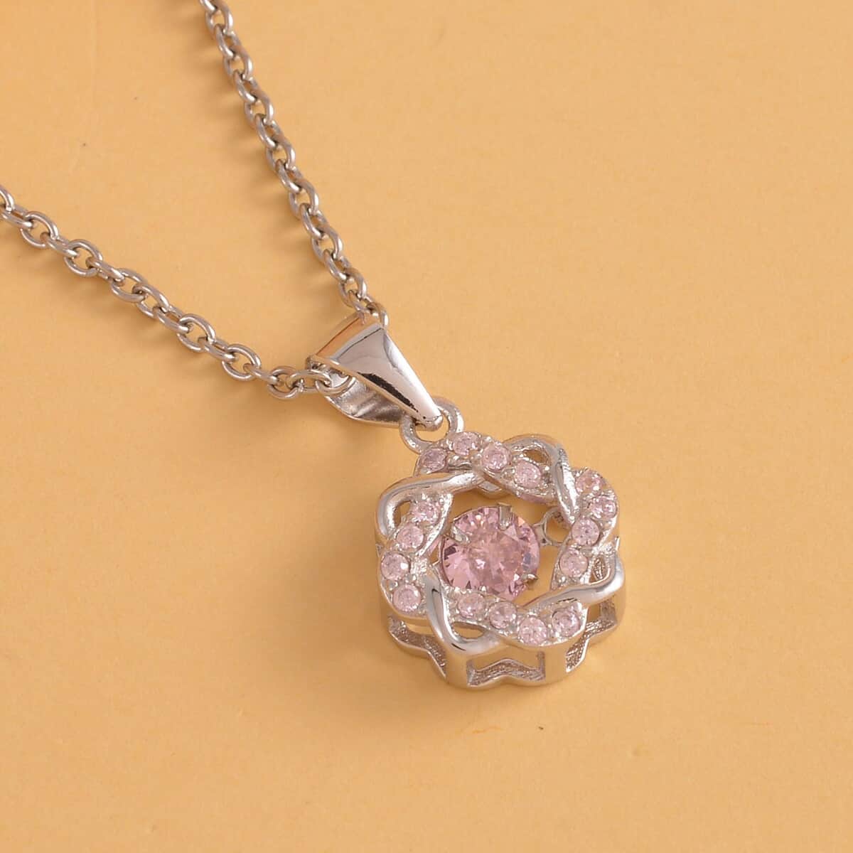Sparkling Dancing Simulated Pink Diamond Pendant in Rhodium Over Sterling Silver with Stainless Steel Necklace 20 Inches image number 1