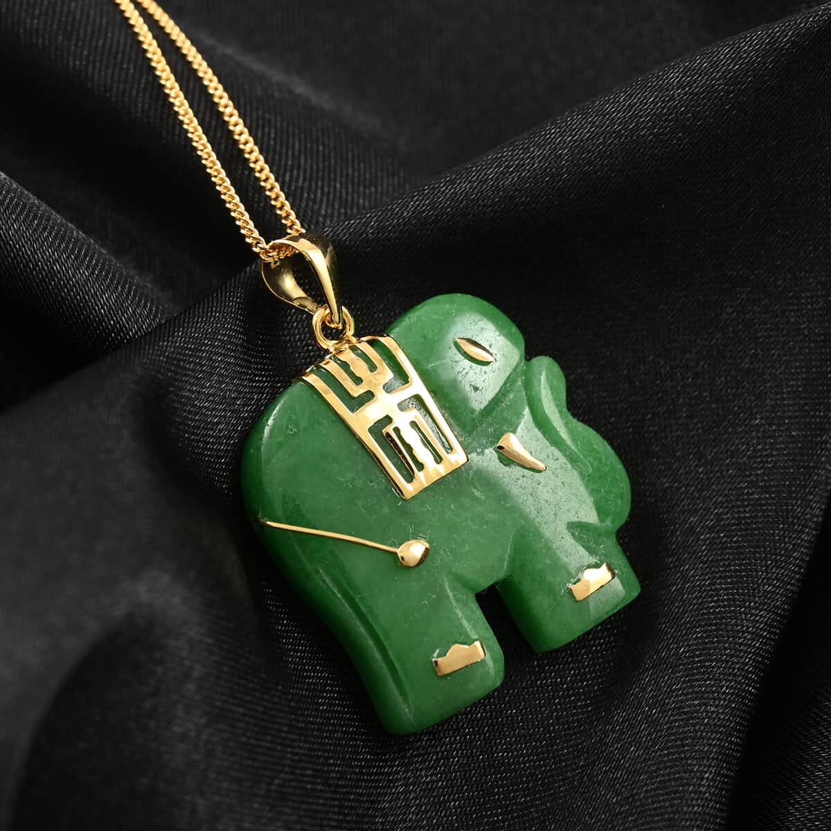 Green Jade Elephant Pendant Necklace 18 Inches in 14K Yellow Gold Over Sterling Silver 21.00 ctw image number 1