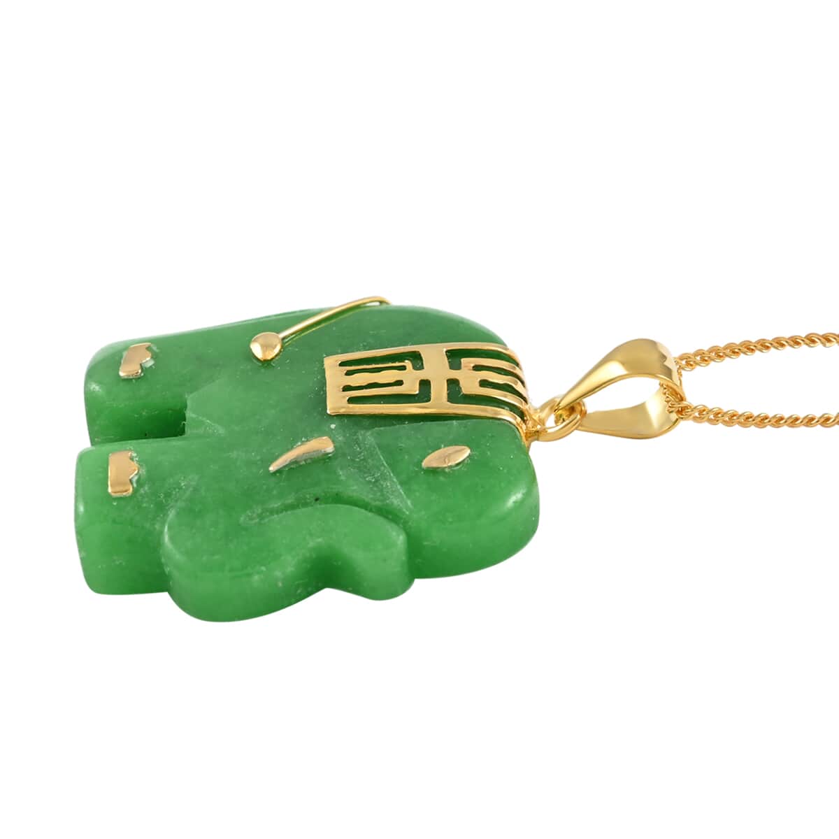 Green Jade Elephant Pendant Necklace 18 Inches in 14K Yellow Gold Over Sterling Silver 21.00 ctw image number 3