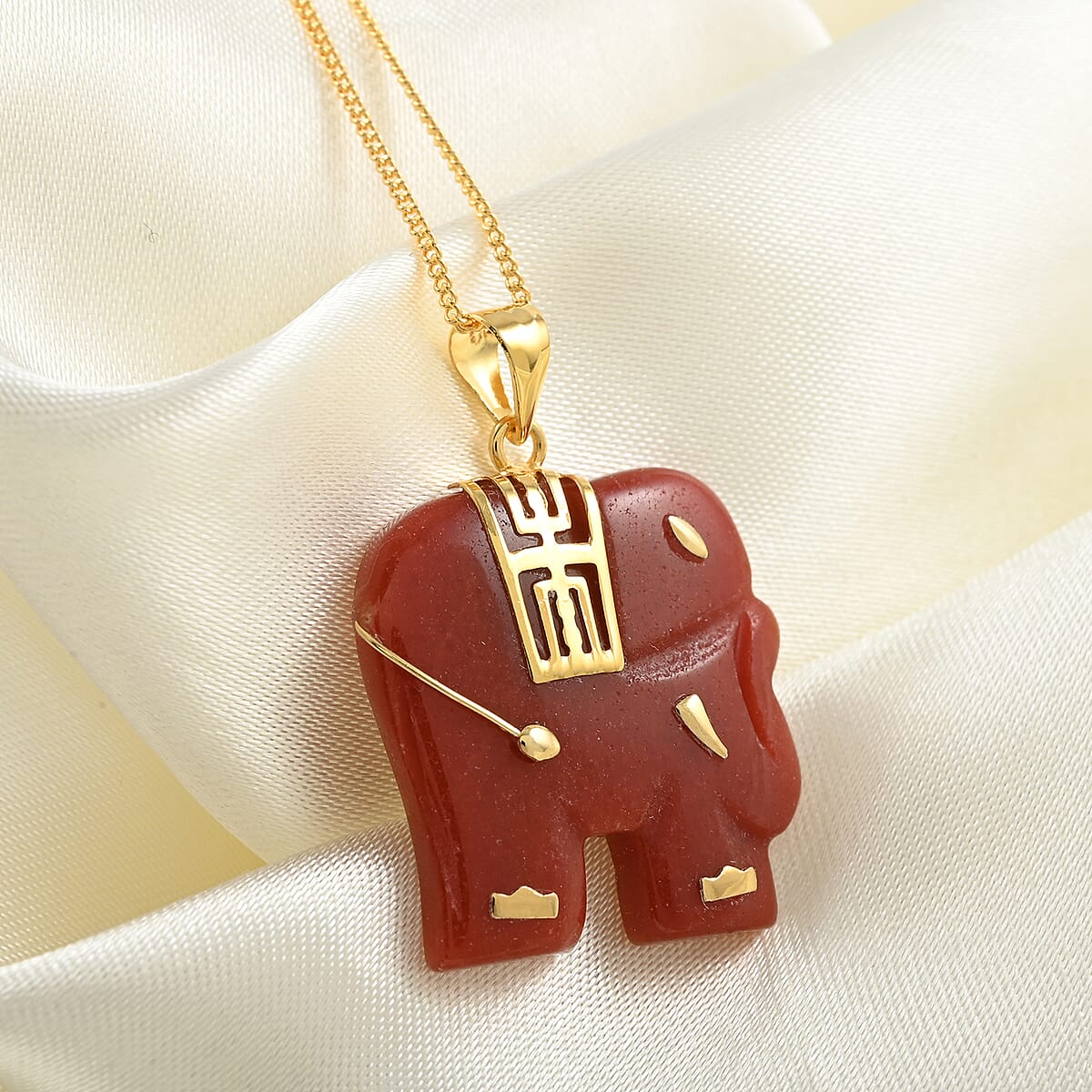 Red Jade (D) Elephant Pendant Necklace 18 Inches in 14K Yellow Gold Over Sterling Silver 21.00 ctw image number 1