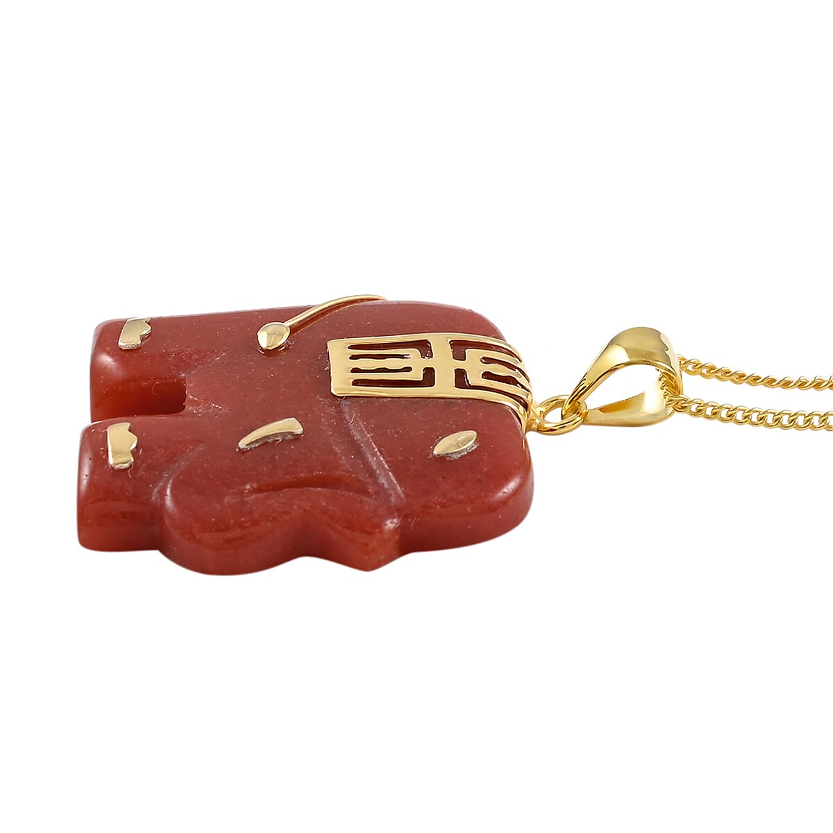 Red Jade (D) Elephant Pendant Necklace 18 Inches in 14K Yellow Gold Over Sterling Silver 21.00 ctw image number 3