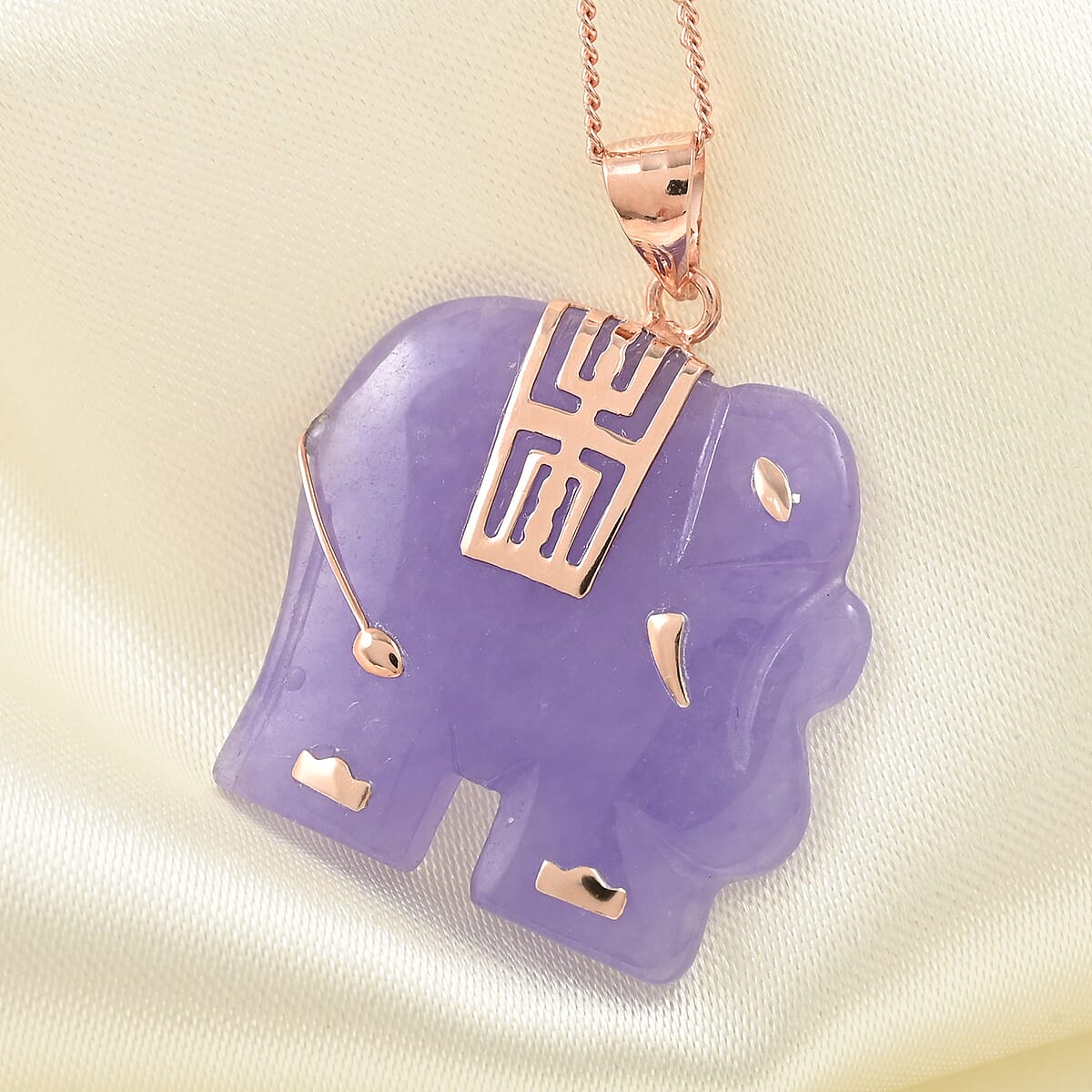 Purple Jade Elephant Pendant Necklace 18 Inches in 14K Rose Gold Over Sterling Silver 21.00 ctw image number 1