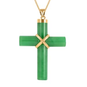 Green Jade (D) Cross Pendant Necklace, Jade Pendant Necklace, 14K Yellow Gold Over Sterling Silver Pendant Necklace, 18 Inch Pendant Necklace 38.00 ctw