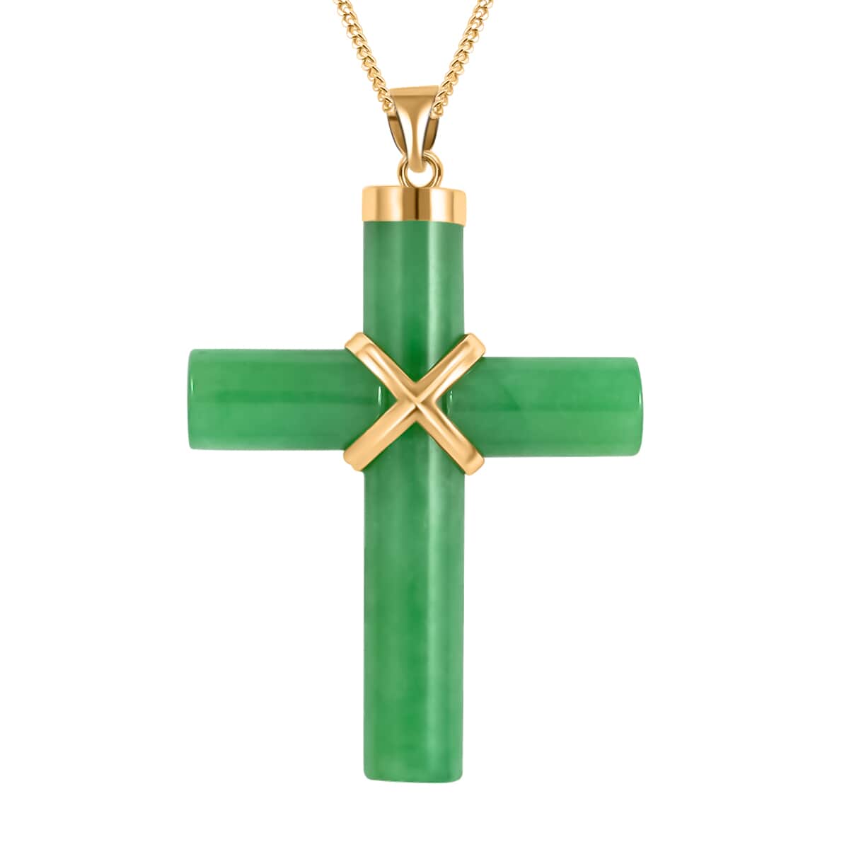 Green Jade Cross Pendant Necklace 18 Inches in 14K Yellow Gold Over Sterling Silver 38.00 ctw image number 0
