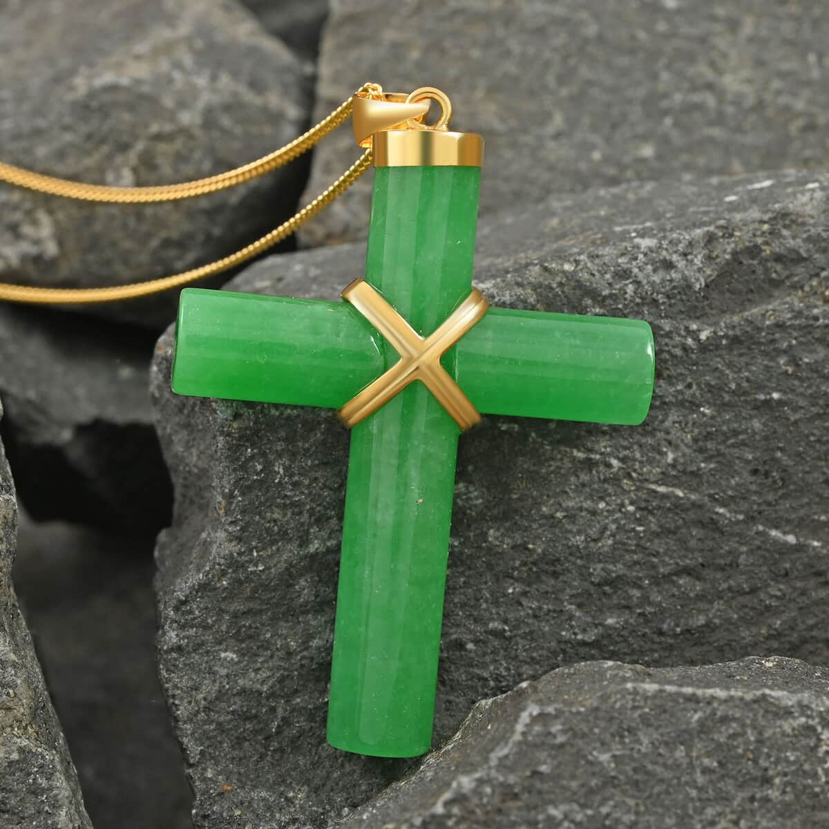 Green Jade Cross Pendant Necklace 18 Inches in 14K Yellow Gold Over Sterling Silver 38.00 ctw image number 1