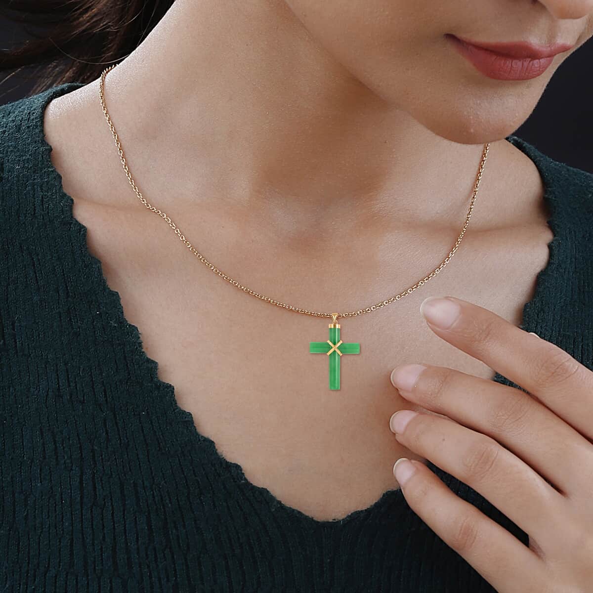 Green Jade Cross Pendant Necklace 18 Inches in 14K Yellow Gold Over Sterling Silver 38.00 ctw image number 2