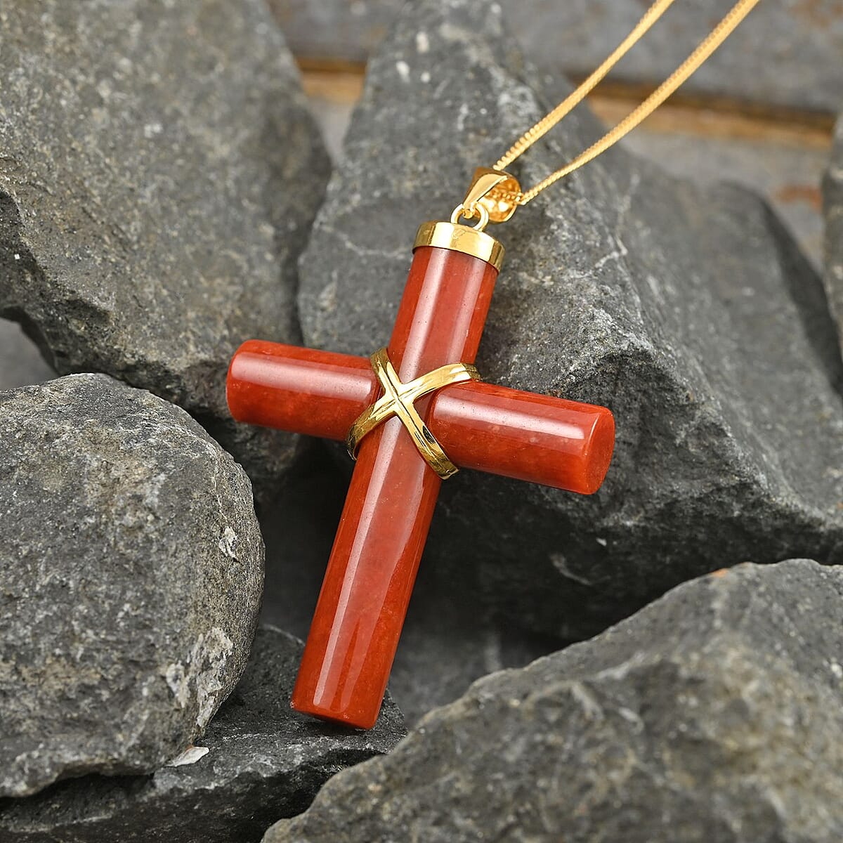 Red Jade (D) 38.00 ctw Cross Pendant Necklace, Jade Pendant Necklace, 14K Yellow Gold Over Sterling Silver Pendant Necklace, 18 Inch Pendant Necklace image number 1