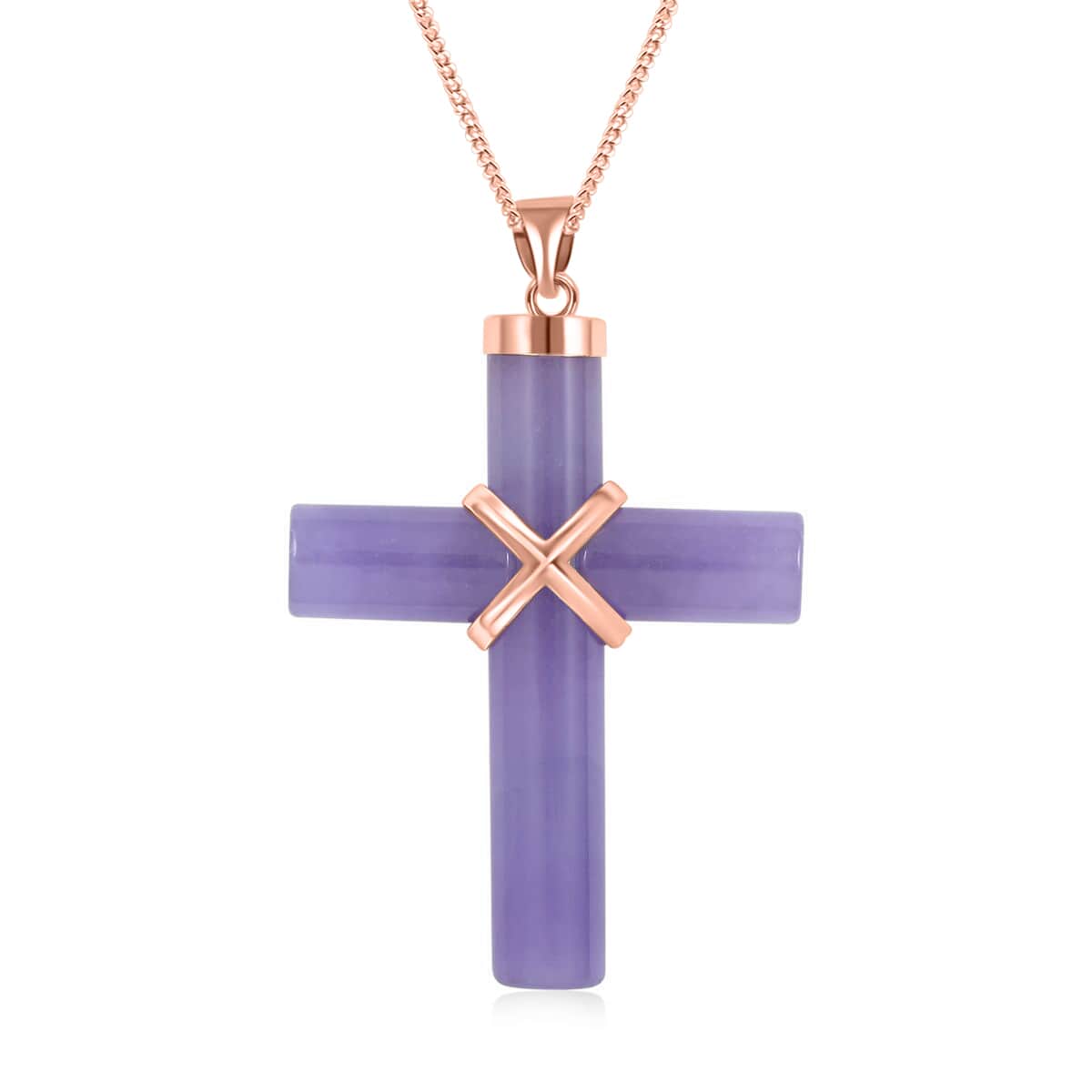 Purple Jade (D) 38.00 ctw Cross Pendant Necklace, Jade Pendant Necklace, 14K Rose Gold Over Sterling Silver Pendant Necklace, 18 Inch Pendant Necklace image number 0