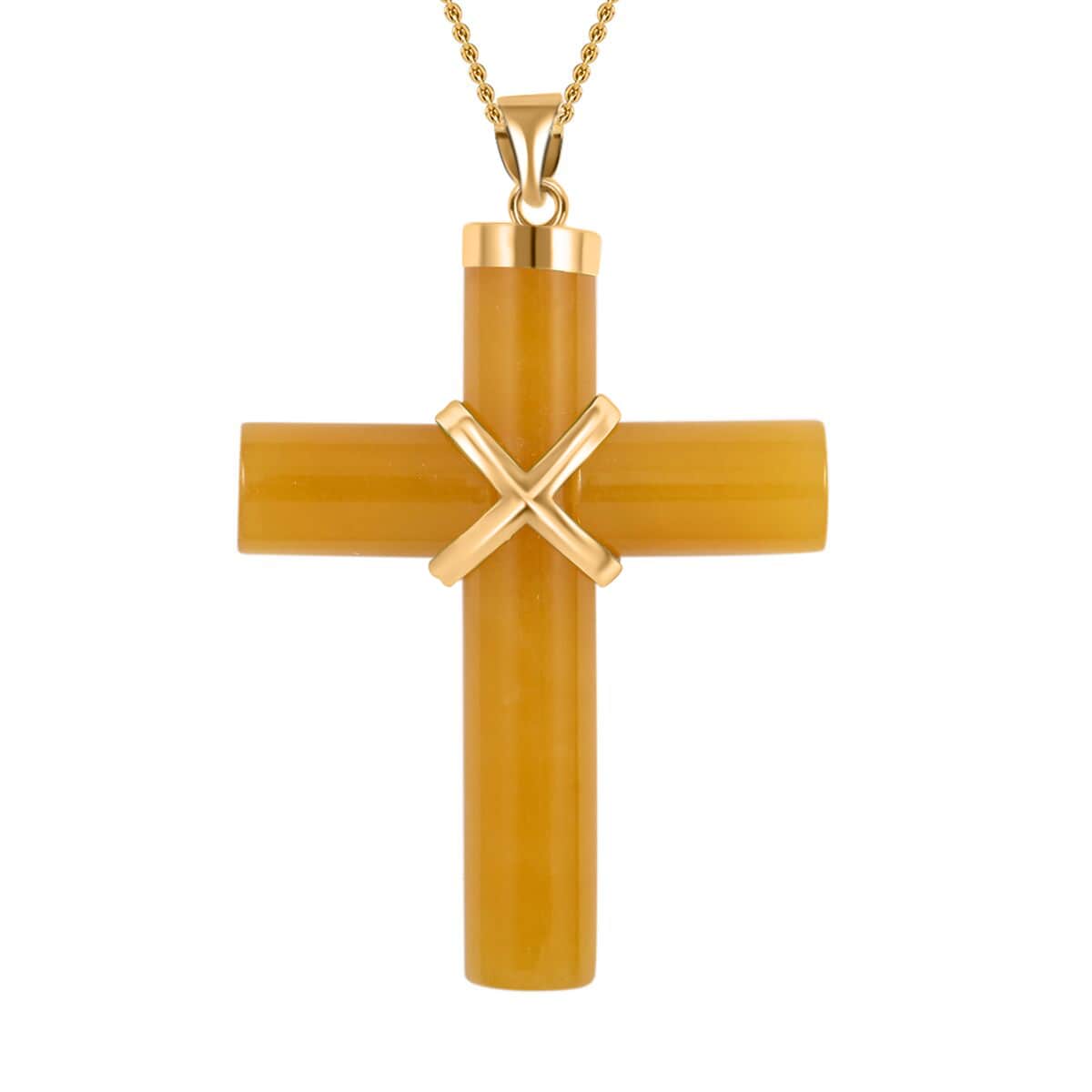 Honey Jade (D) Cross Pendant Necklace, Jade Pendant Necklace, 14K Yellow Gold Over Sterling Silver Pendant Necklace, 18 Inch Pendant Necklace 38.00 ctw image number 0