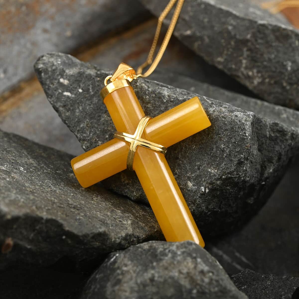 Honey Jade (D) Cross Pendant Necklace, Jade Pendant Necklace, 14K Yellow Gold Over Sterling Silver Pendant Necklace, 18 Inch Pendant Necklace 38.00 ctw image number 1