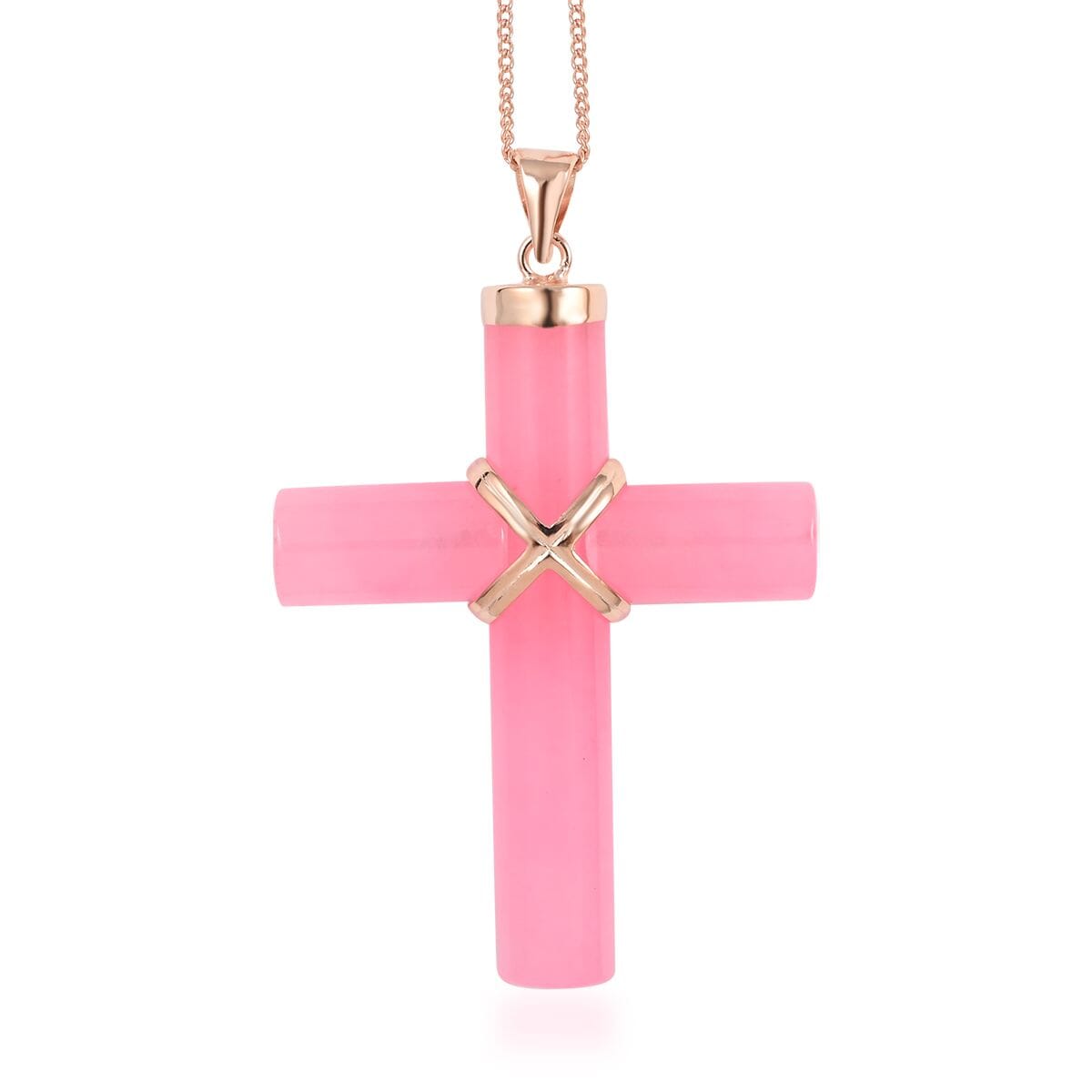 Pink Jade (D) 38.00 ctw Cross Pendant Necklace, Jade Pendant Necklace, 14K Rose Gold Over Sterling Silver Pendant Necklace, 18 Inch Pendant Necklace image number 0