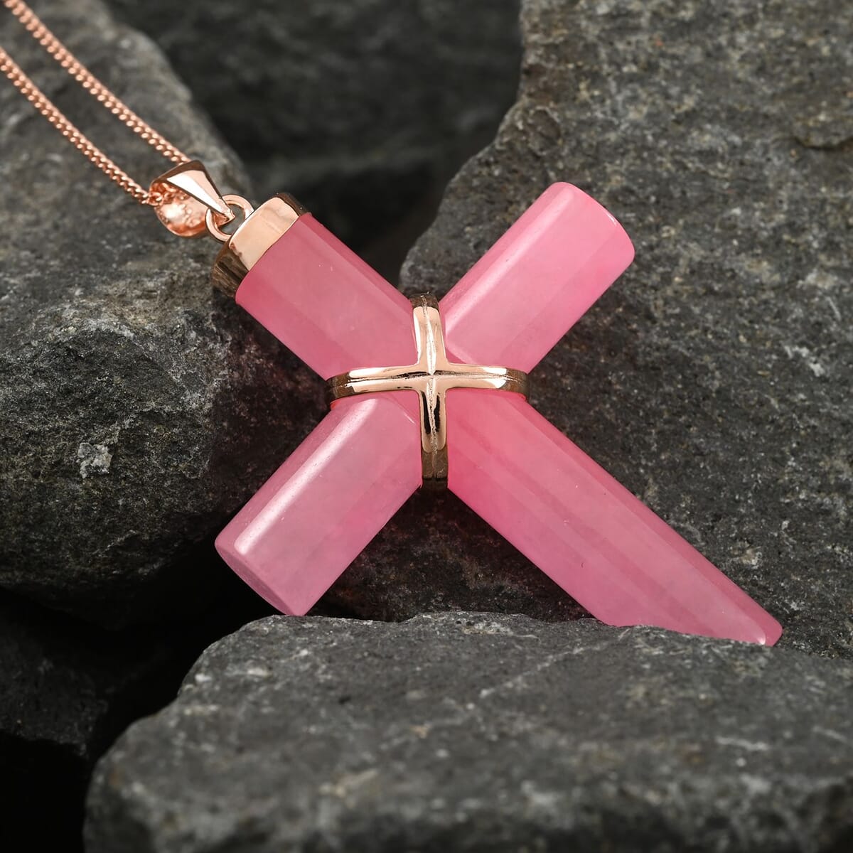 Pink Jade (D) 38.00 ctw Cross Pendant Necklace, Jade Pendant Necklace, 14K Rose Gold Over Sterling Silver Pendant Necklace, 18 Inch Pendant Necklace image number 1