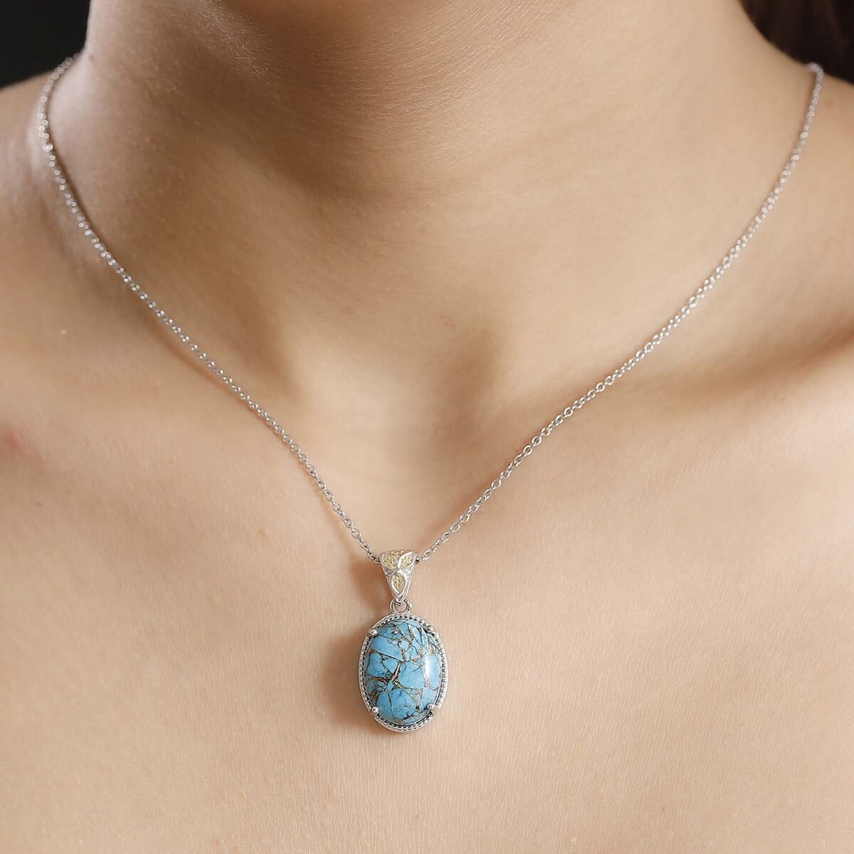 Chestnut Brine Turquoise 12.75 ctw Pendant in 14K YG and Platinum Over Copper with Magnet and Stainless Steel Necklace 20 Inches image number 2
