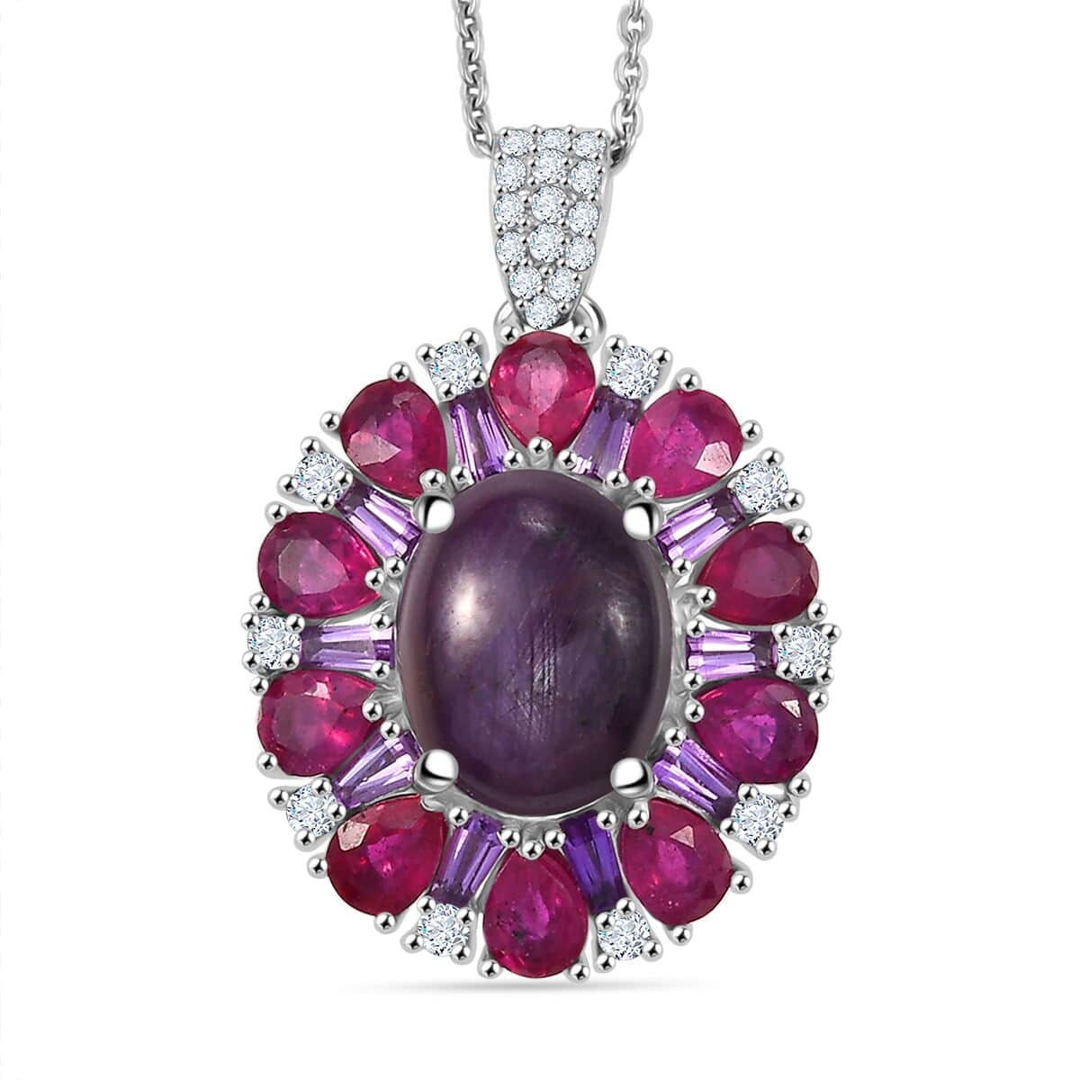 Doorbuster Indian Star Ruby and Multi Gemstone 8.25 ctw Starlight Pendant Necklace in Rhodium Over Sterling Silver 20 Inches image number 0