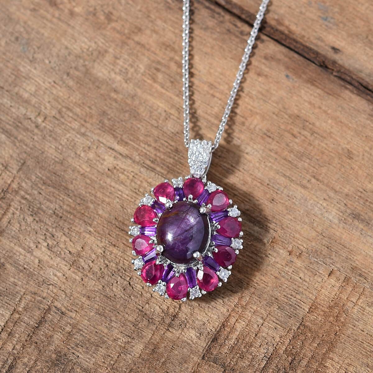 Doorbuster Indian Star Ruby and Multi Gemstone 8.25 ctw Starlight Pendant Necklace in Rhodium Over Sterling Silver 20 Inches image number 1