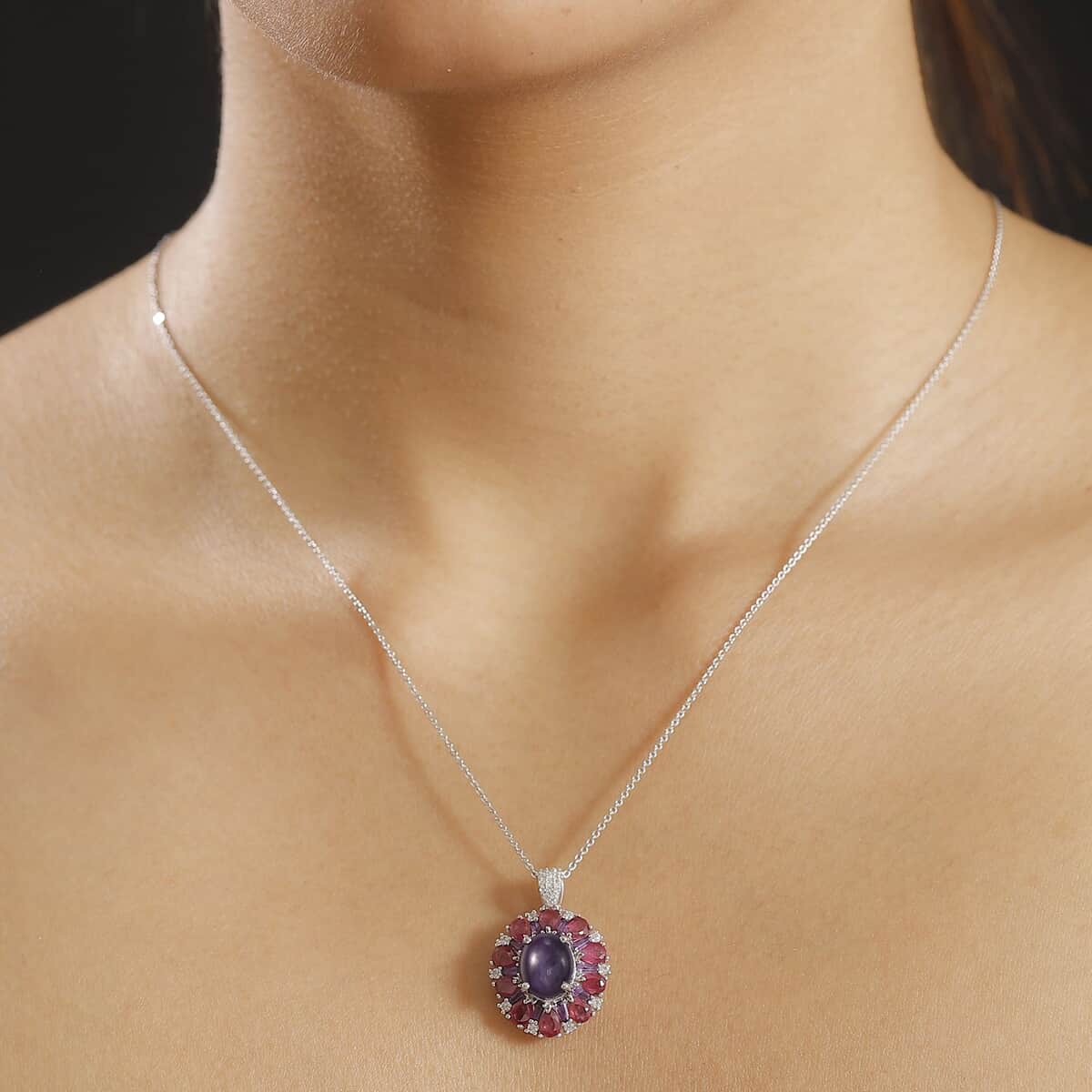 Doorbuster Indian Star Ruby and Multi Gemstone 8.25 ctw Starlight Pendant Necklace in Rhodium Over Sterling Silver 20 Inches image number 2