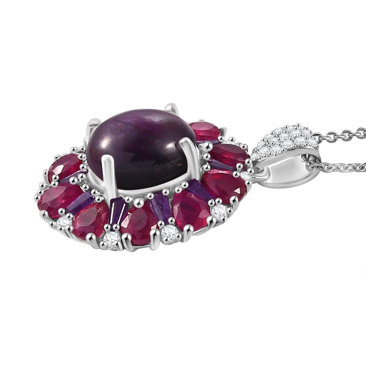 Doorbuster Indian Star Ruby and Multi Gemstone 8.25 ctw Starlight Pendant Necklace in Rhodium Over Sterling Silver 20 Inches image number 3