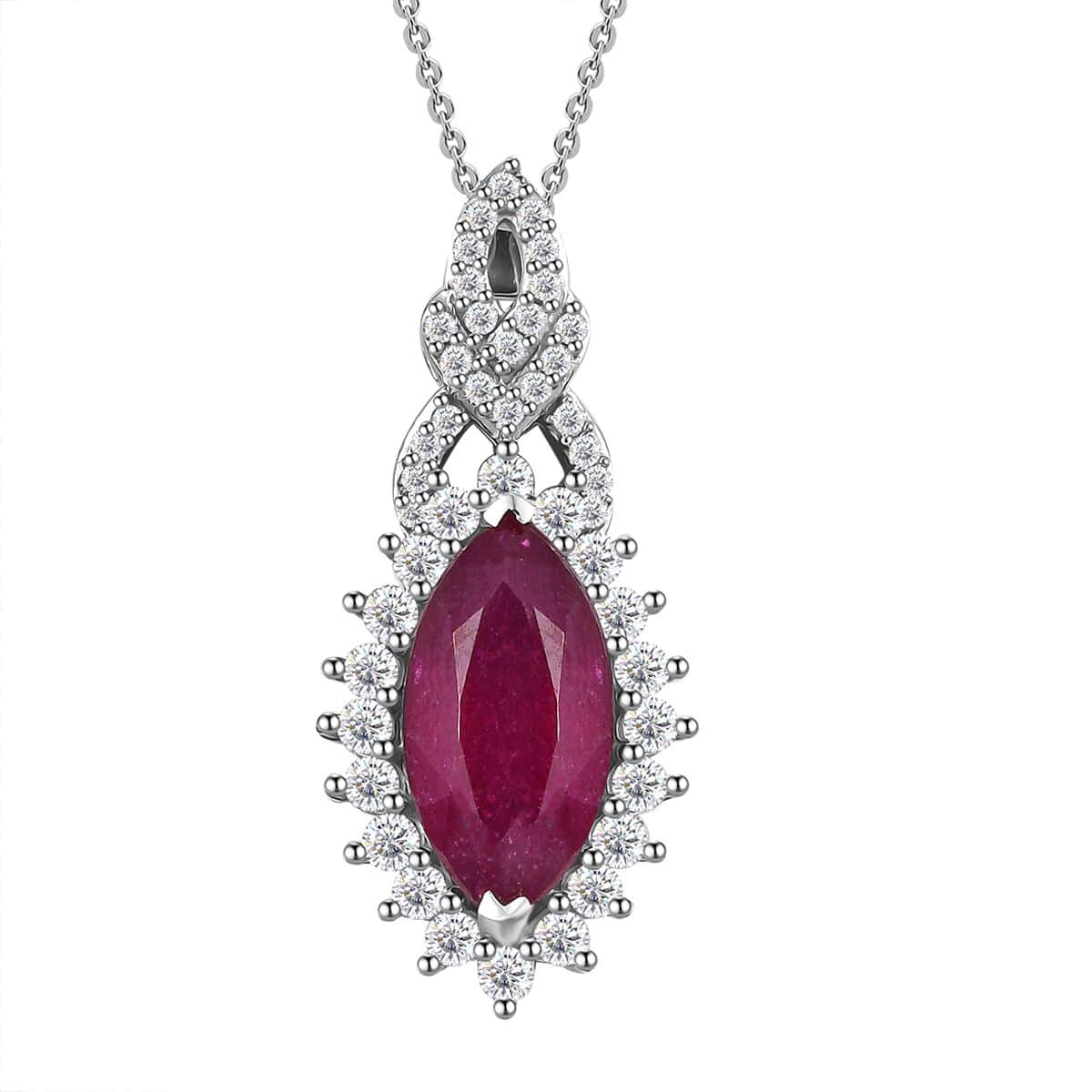 Doorbuster AAA Niassa Ruby (FF) and White Zircon 5.10 ctw Scarlet Flame Pendant Necklace in Rhodium Over Sterling Silver 20 Inches image number 0