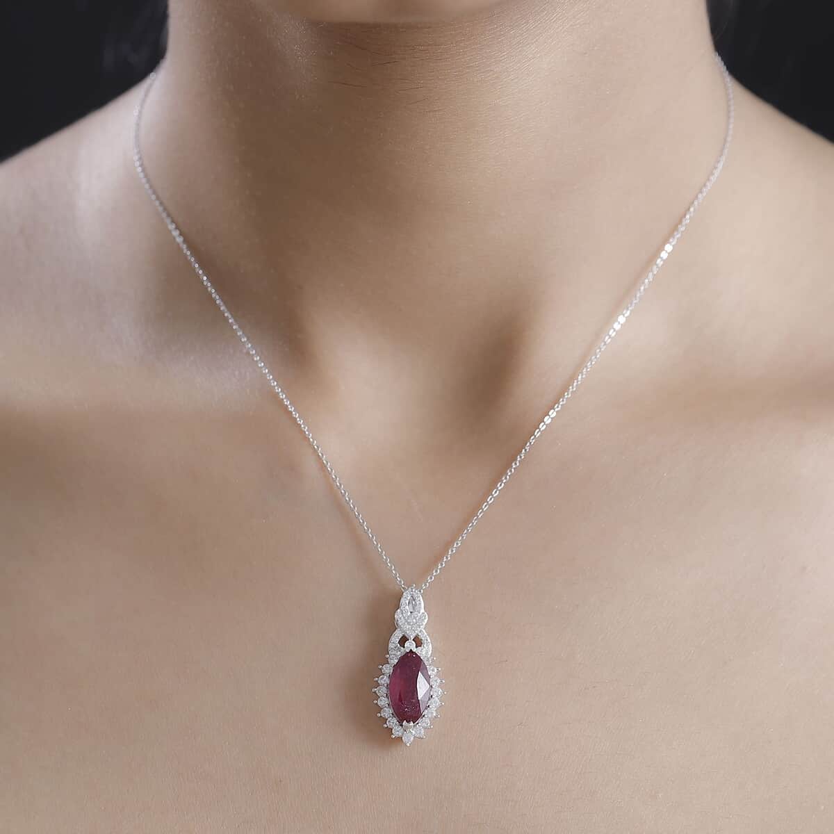 Doorbuster AAA Niassa Ruby (FF) and White Zircon 5.10 ctw Scarlet Flame Pendant Necklace in Rhodium Over Sterling Silver 20 Inches image number 2