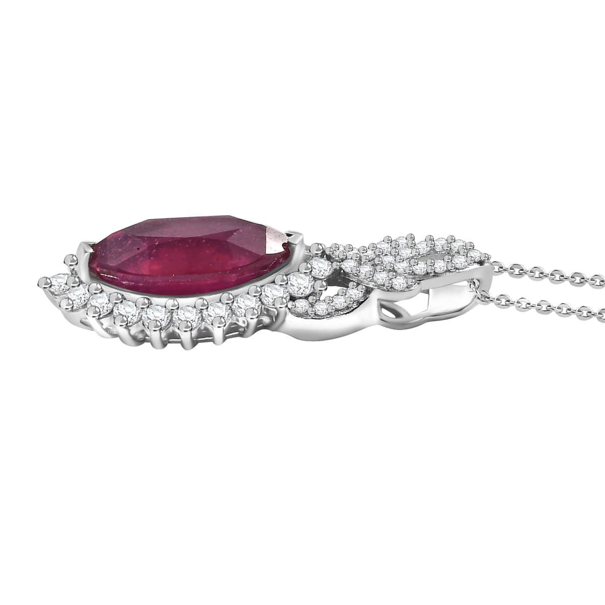 Doorbuster AAA Niassa Ruby (FF) and White Zircon 5.10 ctw Scarlet Flame Pendant Necklace in Rhodium Over Sterling Silver 20 Inches image number 3