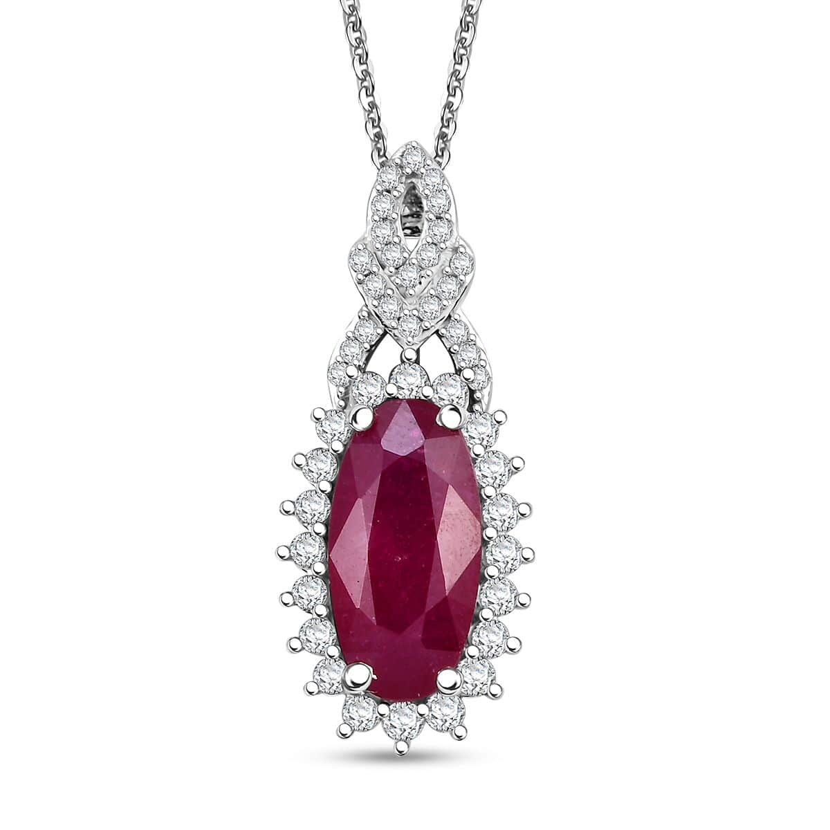 Doorbuster AAA Niassa Ruby (FF) and White Zircon 5.90 ctw Scarlet Flame Pendant Necklace in Rhodium Over Sterling Silver 20 Inches image number 0