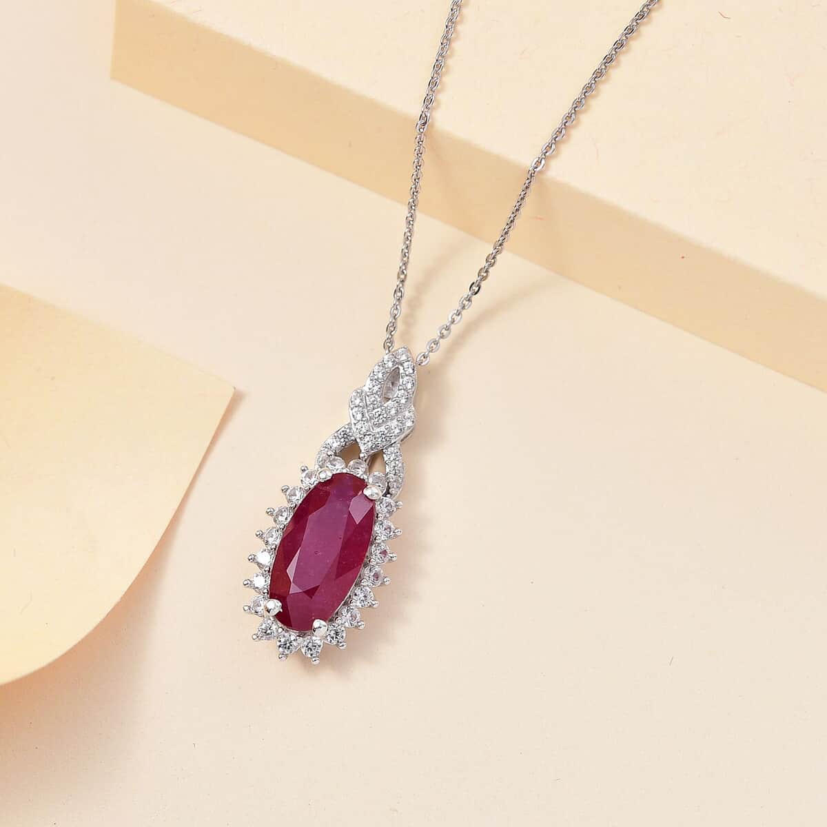 Doorbuster AAA Niassa Ruby (FF) and White Zircon 5.90 ctw Scarlet Flame Pendant Necklace in Rhodium Over Sterling Silver 20 Inches image number 1