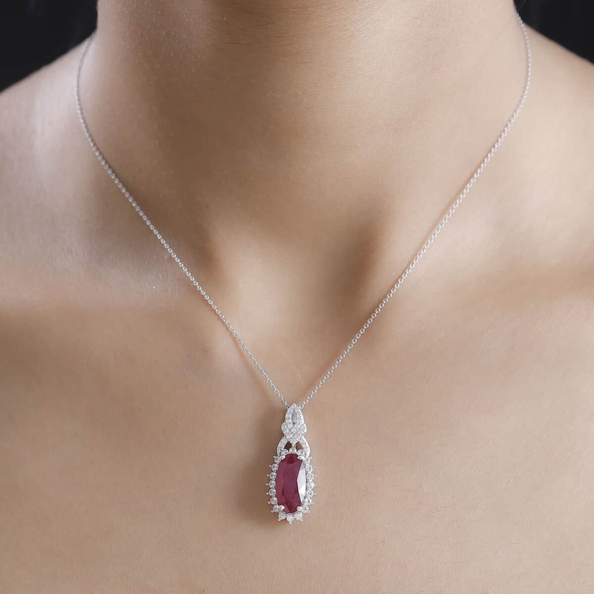 Doorbuster AAA Niassa Ruby (FF) and White Zircon 5.90 ctw Scarlet Flame Pendant Necklace in Rhodium Over Sterling Silver 20 Inches image number 2