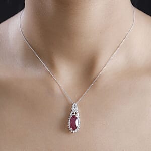 AAA Niassa Ruby (FF) and White Zircon 5.90 ctw Scarlet Flame Pendant Necklace in Rhodium Over Sterling Silver 20 Inches