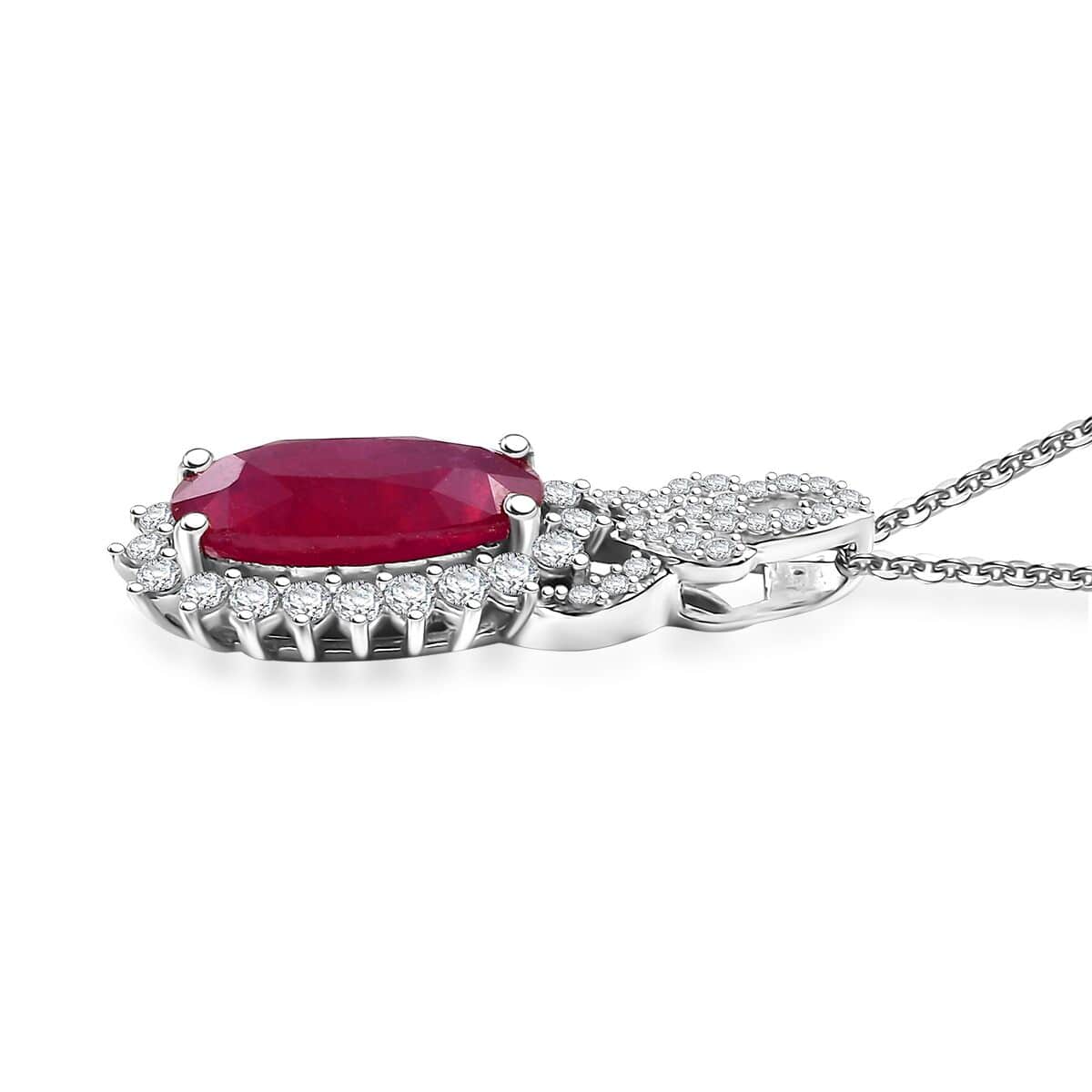 Doorbuster AAA Niassa Ruby (FF) and White Zircon 5.90 ctw Scarlet Flame Pendant Necklace in Rhodium Over Sterling Silver 20 Inches image number 3