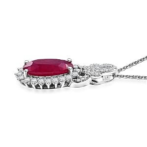 AAA Niassa Ruby (FF) and White Zircon 5.90 ctw Scarlet Flame Pendant Necklace in Rhodium Over Sterling Silver 20 Inches
